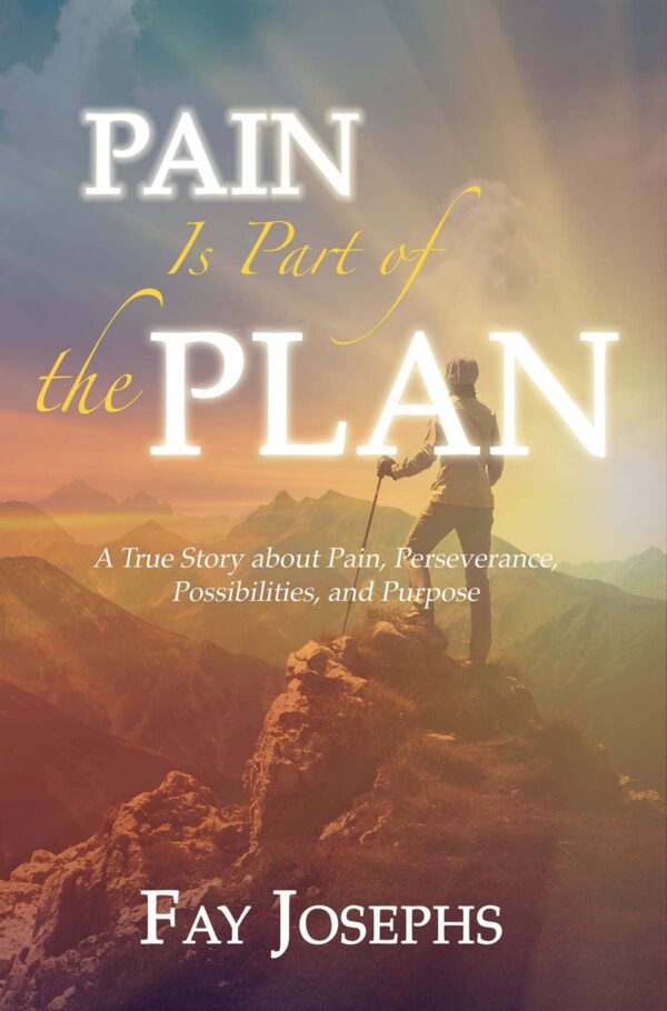 A book cover titled "Pain Is Part of the Plan" by Fay Josephs featuring a silhouette of a person standing on a mountain with a sunrise in the background.