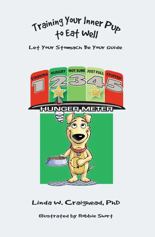 Book cover for "Training Your Inner Pup to Eat Well" with a cartoon dog holding a plate of food standing next to a hunger meter.