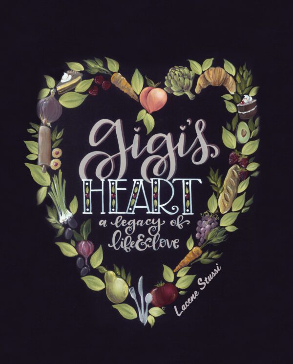 Illustration of a heart-shaped arrangement of various foods and plants with the text "Gigi’s Heart: A Legacy of Life & Love" within it.