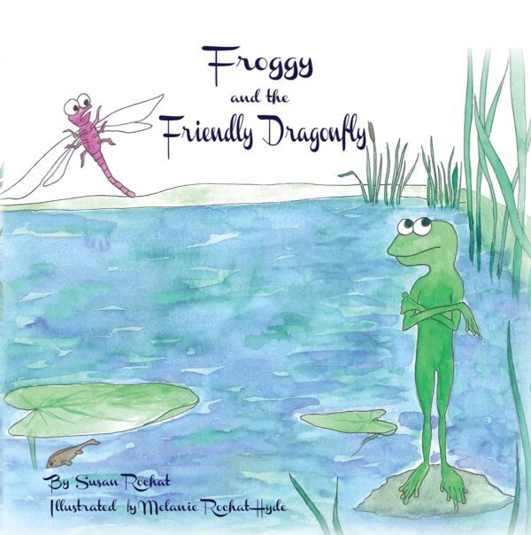 Illustration from "Froggy and the Friendly Dragonfly" showing a friendly encounter between a frog and a dragonfly by a pond.