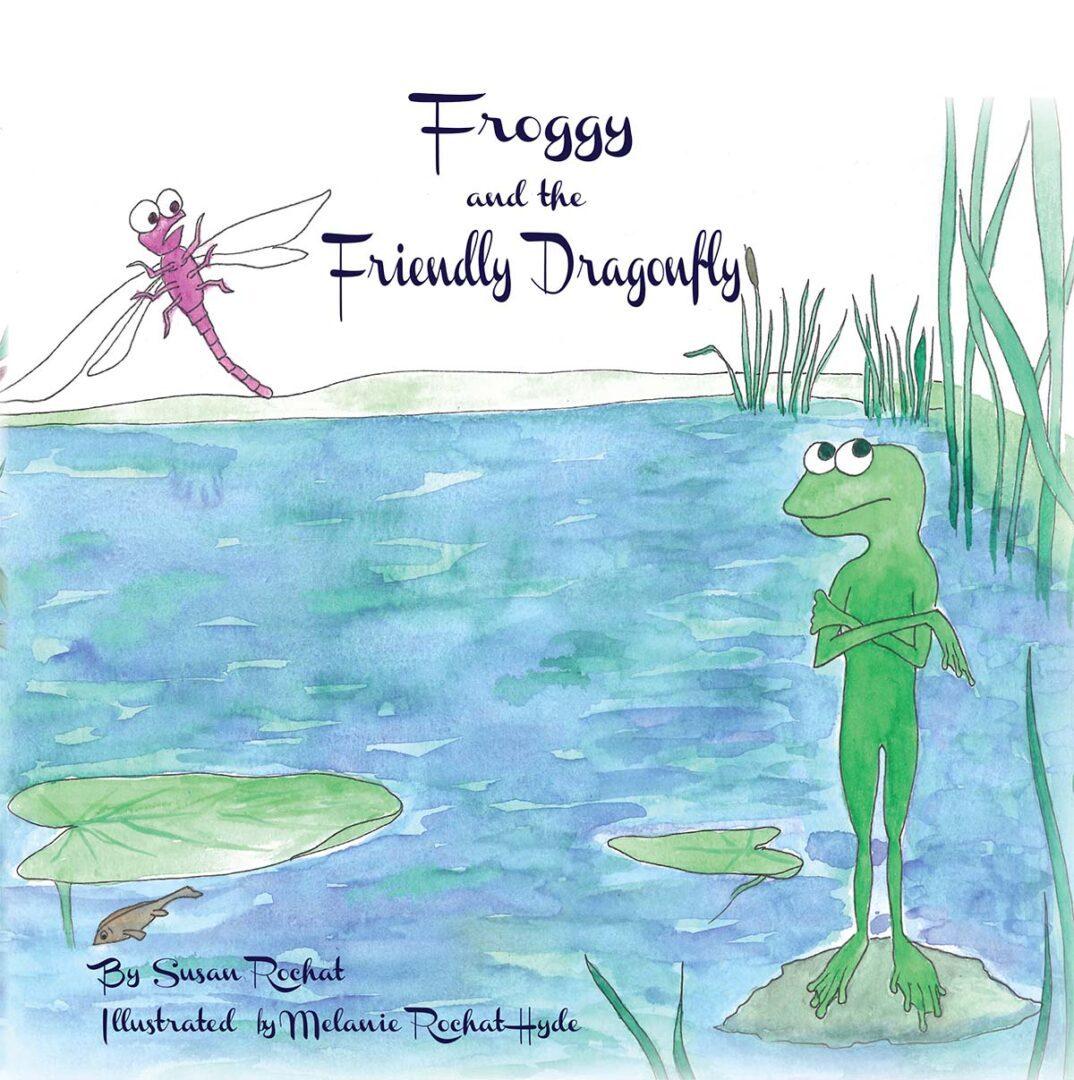 Illustration from "Froggy and the Friendly Dragonfly" showing a friendly encounter between a frog and a dragonfly by a pond.