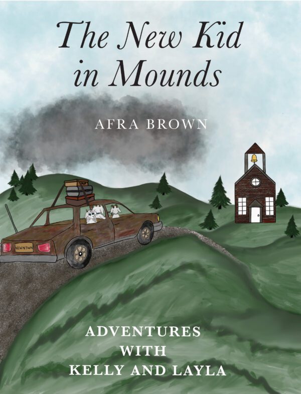 The product is "The New Kid in Mounds". 
Updated Sentence: Book cover illustration featuring a pickup truck on a hilly road approaching a small school, titled "The New Kid in Mounds" by Afra Brown, with a subtitle "Adventures with Kelly and Layla".