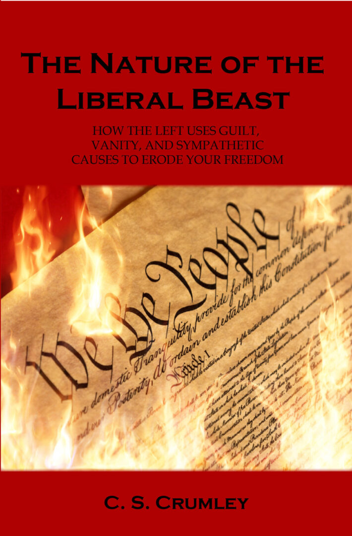 A book cover titled "The Nature of the Liberal Beast" with a burning parchment in the background.
