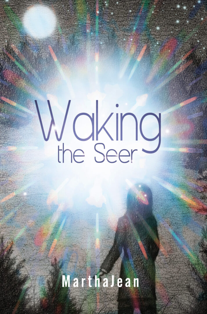 A person stands gazing at a vibrant cosmic light display above, with the product name "Waking the Seer" by marthajean.