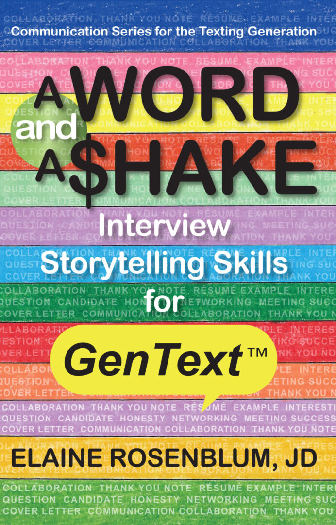 Colorful background featuring a montage of words related to job searching, interviewing, and professional skills with the prominent text "A Word and A Shake," "word," "interview," and "gentext" overlaying them.