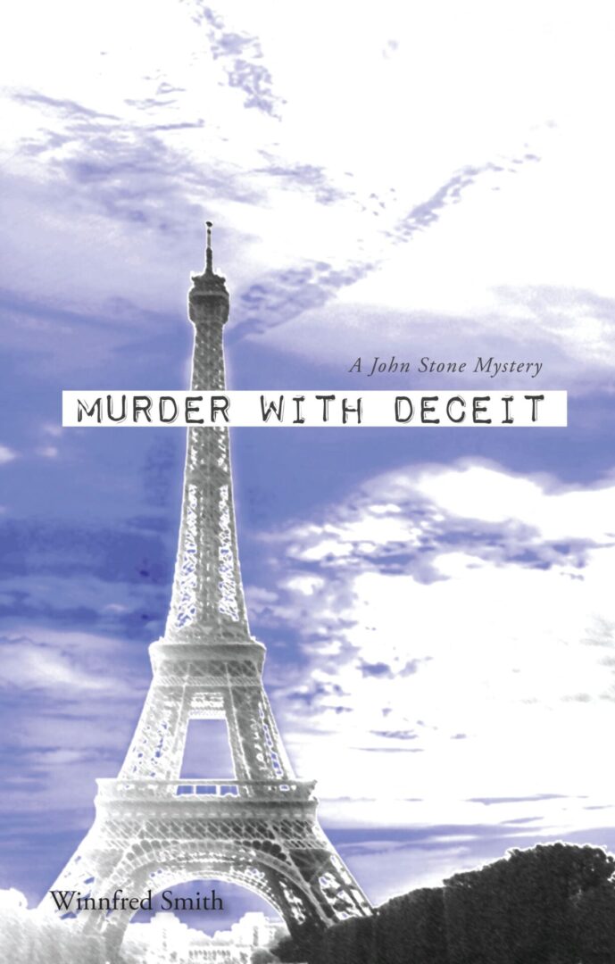 Cover of a mystery novel titled "Murder with Deceit" by Winifred Smith, featuring the Eiffel Tower against a cloudy sky backdrop.