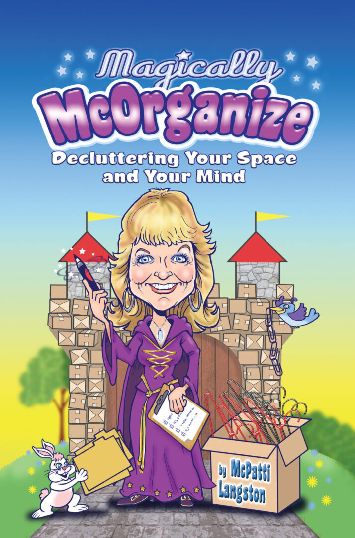 Book cover of 'Magically McOrganize' featuring a cartoon illustration of a smiling woman in a wizard outfit with a wand, a cluttered box, a rabbit, and whimsical background elements.