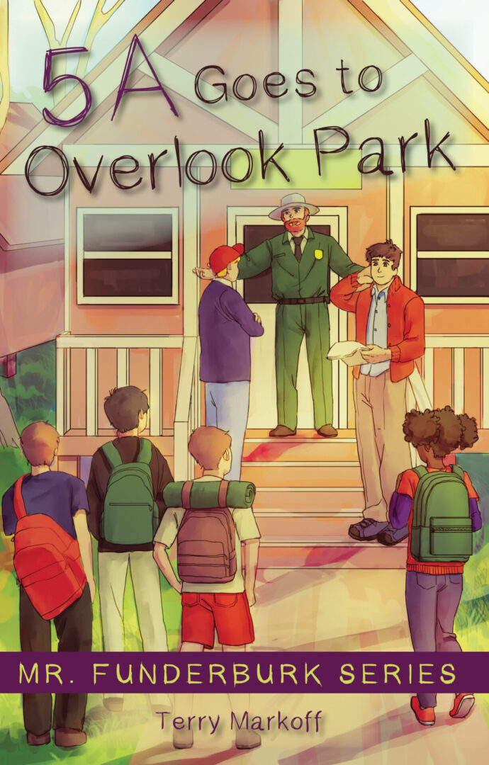Sentence with product name: 5A Goes to Overlook Park cover illustration depicting a group of students with backpacks, and their guide, going on a field trip to overlook park.