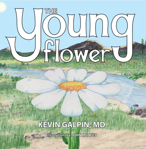 Illustrated book cover for The Young Flower featuring a large white flower with a golden center set in a tranquil outdoor landscape.