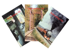 Three overlapping photos depicting different aspects of the Railroading Book Set: a train interior, a wooden trestle bridge, and a steam locomotive in motion.