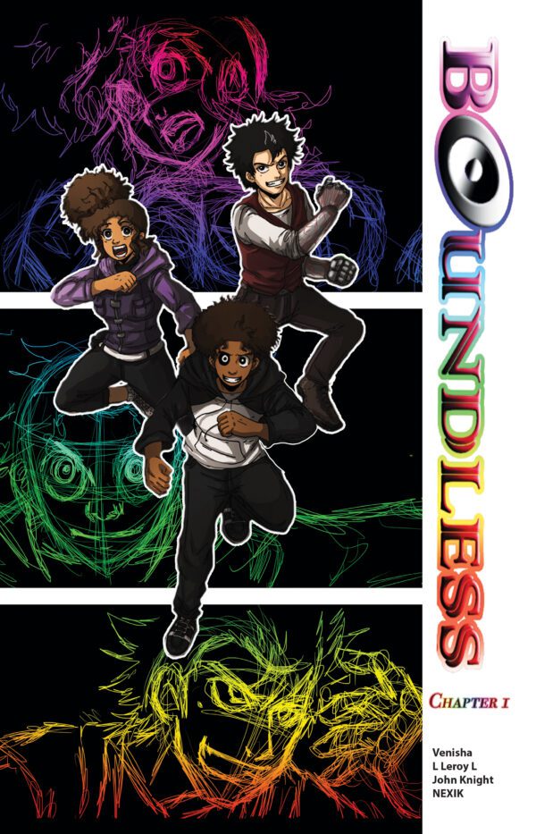 Three animated characters with colorful neon outlines demonstrating different action poses on a dark background, promoting Boundless chapter i.