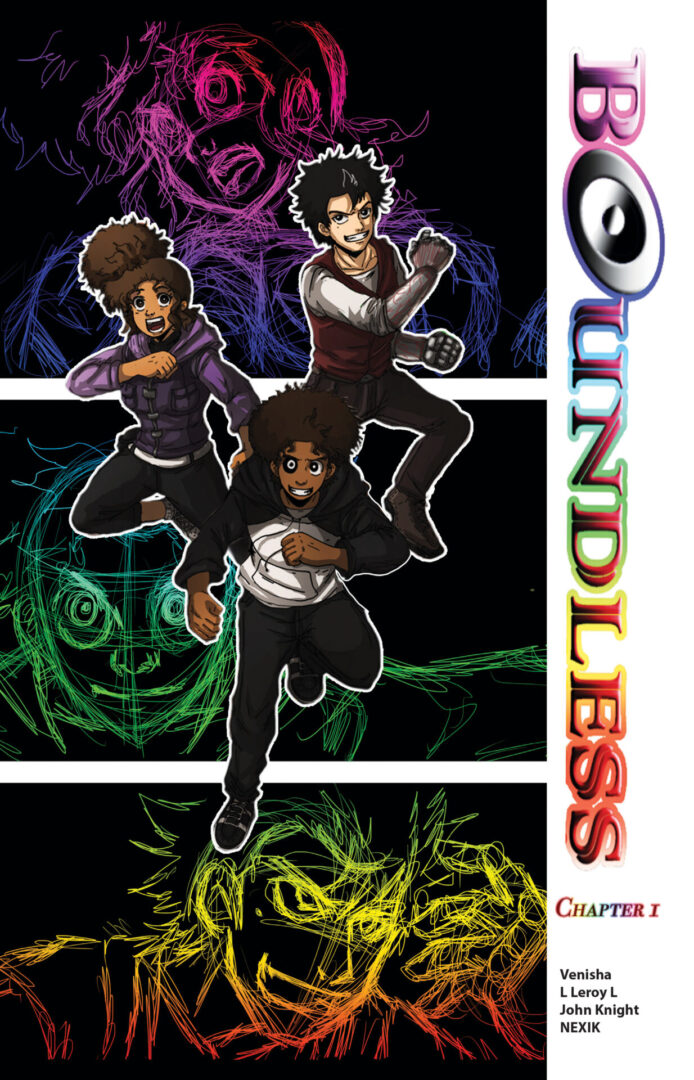 Three animated characters with colorful neon outlines demonstrating different action poses on a dark background, promoting Boundless chapter i.