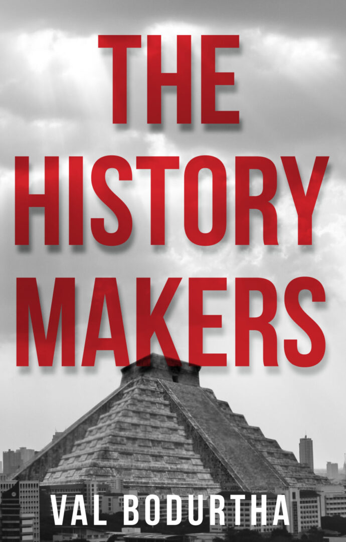 A book cover titled "The History Makers: 2015 Young Writers Contest Winner" by val bodurtha, featuring an image of a pyramid with a cloudy sky in the background.